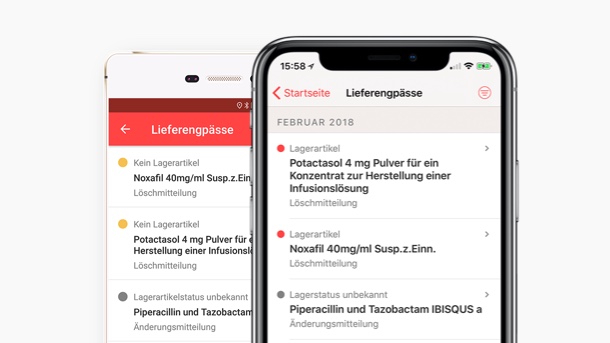 Foto der Listen-Ansicht des Lieferengpass-Features auf zwei Smartphones