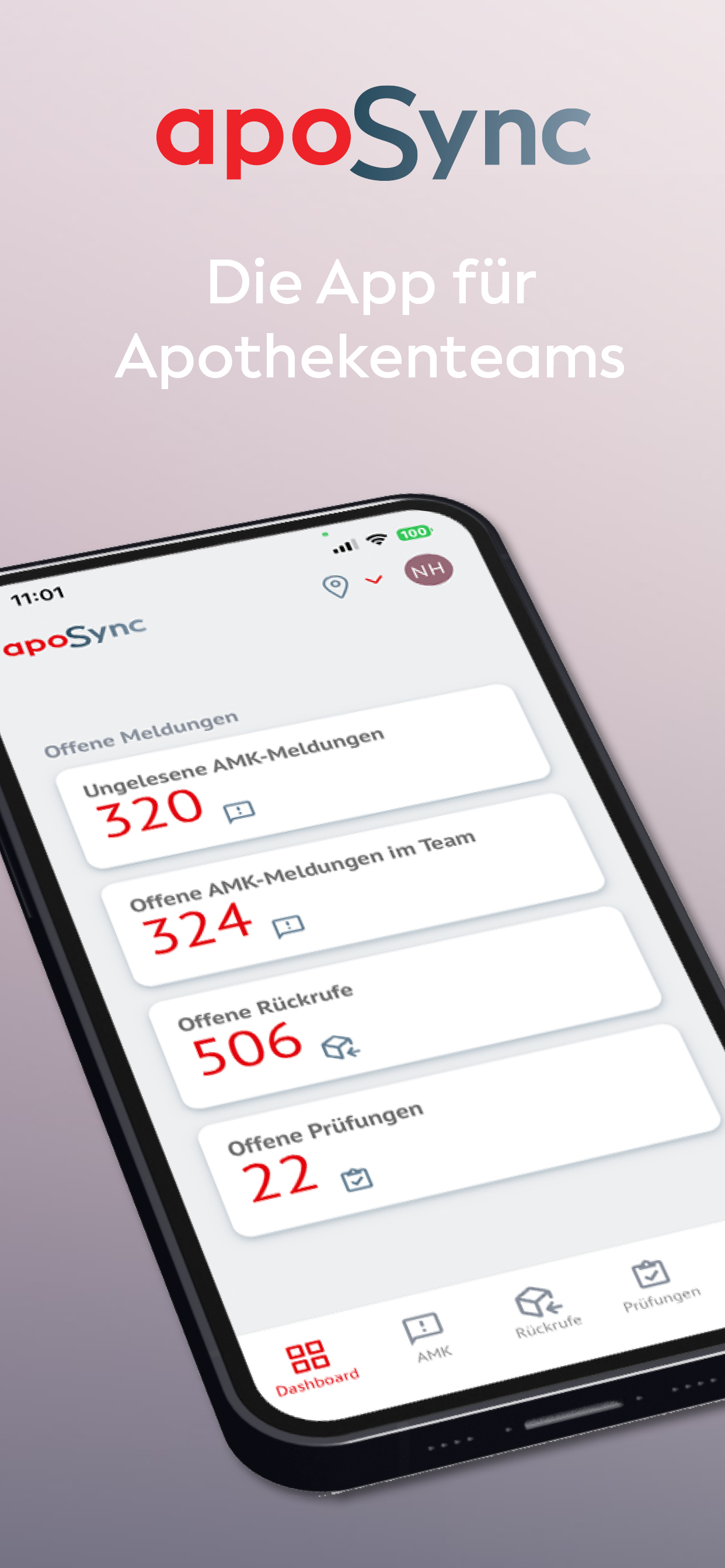 apoSync-Dashboard auf dem Smartphone mit offenen AMK-Meldungen, Rückrufen und Prüfungen